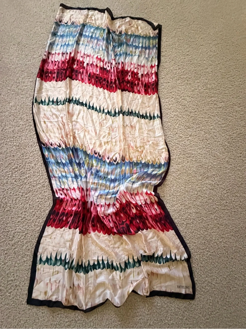 VATELONI Feather Print Silk Scarf in Red, Blue, Green, Cream